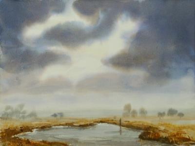 Watercolor Paintings - Fishing At The Pond Under A Dark Sky - Watercolor