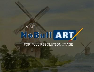 Watercolor Paintings - Windmills Near The River - Watercolor