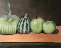 Bread Fruits And Vegetables - Still Life In Green - Oil On Canvas