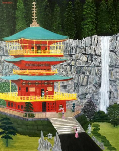 Buildings - Red Pagoda Guests - Oil On Canvas