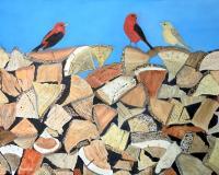 Birds Of A Feather Scarlet Tanager - Oil On Canvas Paintings - By Leslie Dannenberg, Realism Painting Artist