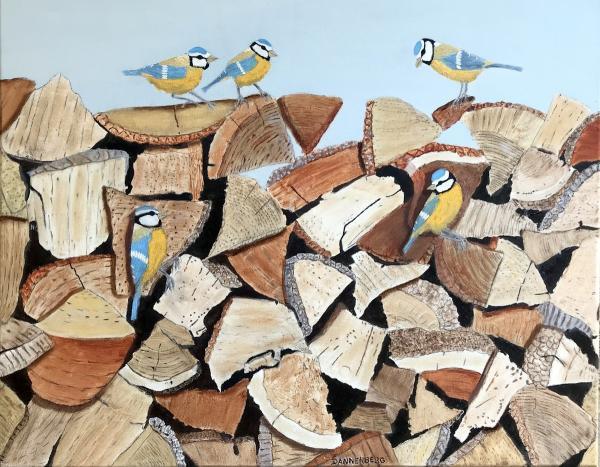 Birds - Birds Of A Feather Eurasian Blue Tits - Oil On Canvas