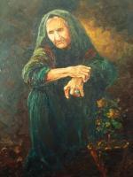 Old Women With Flower - 50X70Cm Paintings - By Akram Ati, Oil Painting On Canvas Painting Artist