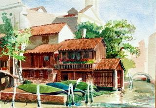 Landscape - Gondola Repair Shop - Venice Italy - Watercolor