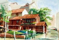 Gondola Repair Shop - Venice Italy - Watercolor Paintings - By Dave Barazsu, Realisic Painting Artist