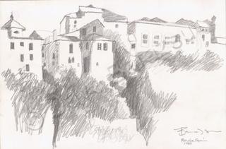 Landscape - Hillside Homes Ronda Spain - Pencil Drawing