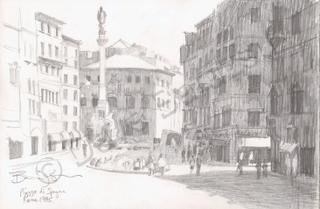 Landscape - Piazza De Spagna - Rome Italy - Pencil Drawing