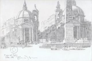 Landscape - Plaza De Popolo - Rome Italy - Pencil Drawing