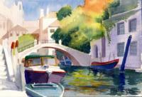 Boats On Canal Venice Italy - Watercolor Paintings - By Dave Barazsu, Impressionism Painting Artist