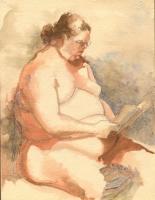 Nudes - Nude Woman Reading - Watercolor