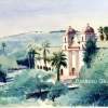 Hillside View Of Santa Barbara Mission California - Watercolor Paintings - By Dave Barazsu, Impressionism Painting Artist
