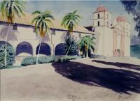 Santa Barbara Mission California - Watercolor Paintings - By Dave Barazsu, Impressionism Painting Artist