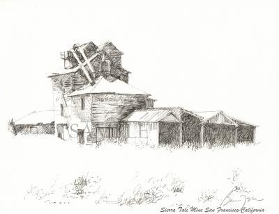 Landscape - Sierra Talc Mining - San Francisco California - Ink Drawing