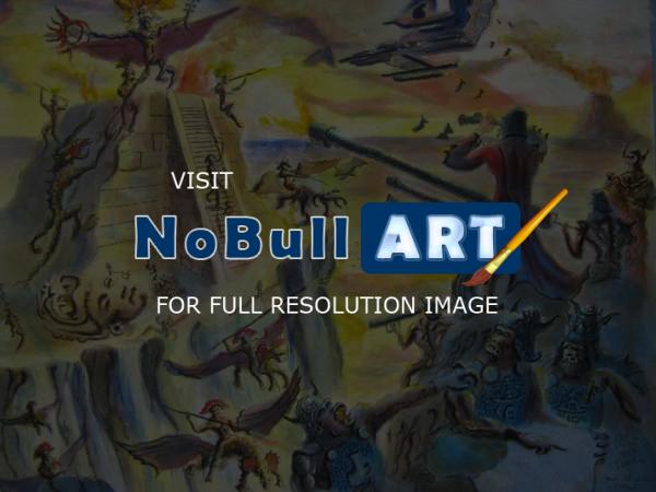 Robs Grail Art - Demon Battle In The Mayan Elemental World - Ink  Acrylic Wash