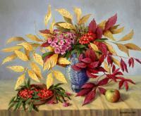 Slill Life - Autumn Leaves And Branch Of A Phlox - Oil On Canvas