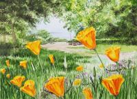 Landscape With California Poppies - Watercolor Paintings - By Artist Irina Sztukowski, Realism Painting Artist