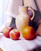 Jug Rannenbrau Two Apples And An Orange On A Window Sill - Oil On Cardboard 400X500 Mm Paintings - By Yurii Makovetsky, Realism Painting Artist