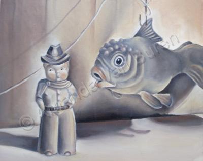 Misc Artwork - Cowboy And Fish Still Life - Acrylic On Canvas