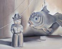 Cowboy And Fish Still Life - Acrylic On Canvas Paintings - By Amanda Van Buren, Illustration Painting Artist