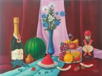 Still Life With Watermelon - Oil On Canvas Paintings - By Olga Levitas, Impressionism Painting Artist