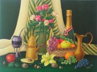 Still Life In Dark Green - Oil On Canvas Paintings - By Olga Levitas, Impressionism Painting Artist