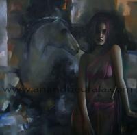 Lady With Horse - Oil On Canvas Paintings - By Anand Bedrala, Figurative Painting Artist