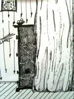 The Cupboard Behind The Curtain - Black Ink Pen On Paper Drawings - By Peter Swaffer-Reynolds, Abstract Drawing Artist