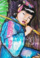 China Girl - Mixed Media On Paper Paintings - By Richard Salas, Childrens Portrait Painting Artist