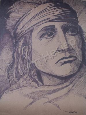 Southwestern Figures - Warrior - Pen And Ink On Brown Paper