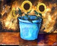 Sunnies In A Blue Pot - Acrylic On Canvas Paintings - By Mike Albury, Contempoary Painting Artist