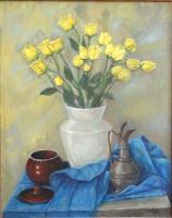 Yellow Roses In White Vase - Oil On Canvas Paintings - By Claudia Bogdan-Bota, Representational Painting Artist