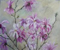 Pink Magnolia - Oil On Canvas Paintings - By Claudia Bogdan-Bota, Representational Painting Artist