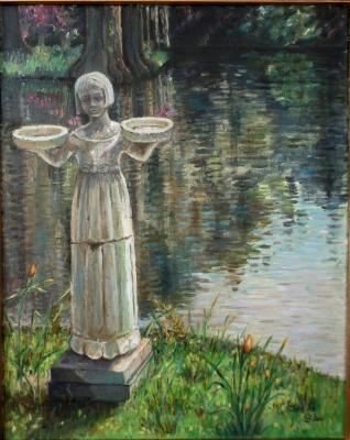 Images - Statue By The Pond - Oil On Canvas