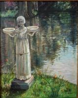 Statue By The Pond - Oil On Canvas Paintings - By Claudia Bogdan-Bota, Representational Painting Artist