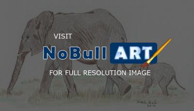 Animals - Female Elephant With Calf - Colored Pencil