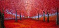 Red Maples Alley - Acrylic On Gallery Canvas Paintings - By Marie-Line Vasseur, Impressionism Painting Artist