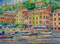 Portofino Harbor - Watercolor Paintings - By Ron Weathers, Impressionist Painting Artist