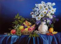 Still Life - Still Life On A Blue Satin - Oil On Canvas