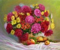 Still Life - Bouquet In A Basket - Oil On Canvas