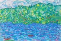 Pokara Lake - Water Color Paintings - By Virginia -, Landscape Painting Artist