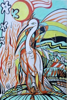 Wild Animals - Airone Bianco-Wildlife - Inks And Wax On Paper