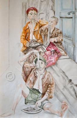 Figurative - Scugnizzi Mangiano Spaghetti - Pencil And Watercolor On Paper