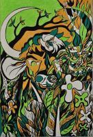 Bisonte-Wildlife - Inks And Wax On Paper Paintings - By Virginia -, Psycadelic Art Painting Artist