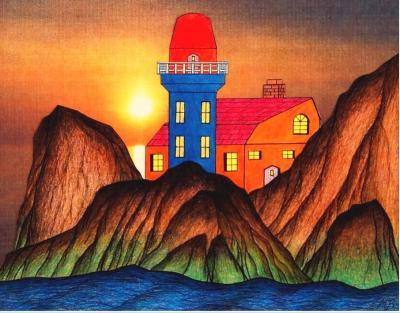 19 - Lonely Light House - Colored Pencil  Ink