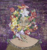 Floral Face 1 - Mixed Media On Wood Mixed Media - By Minas Halaj, Modern Mixed Media Artist