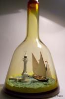 La Neptune Passing The Geneva Lighthouse - Bottle Putty Wood Paint Paper Sculptures - By Gabrielle Rogers, Barque Du Leman Sculpture Artist