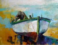 Boat Cleaning - Oil On Canvas Paintings - By Viktor Zakrynycny, Impressionism Painting Artist