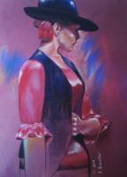 Flamenco Dancer With Hat - Pastels Paintings - By Jacques Benatar, Realistic Painting Artist