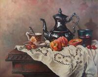 With Afternoon Tea - Oil Paintings - By S   O L   D, Realism Painting Artist