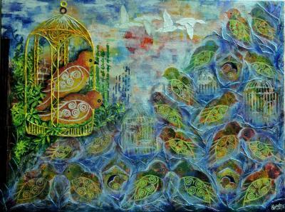 Animals - Birds - Freedom In Confinement - Mixed Media On Canvas